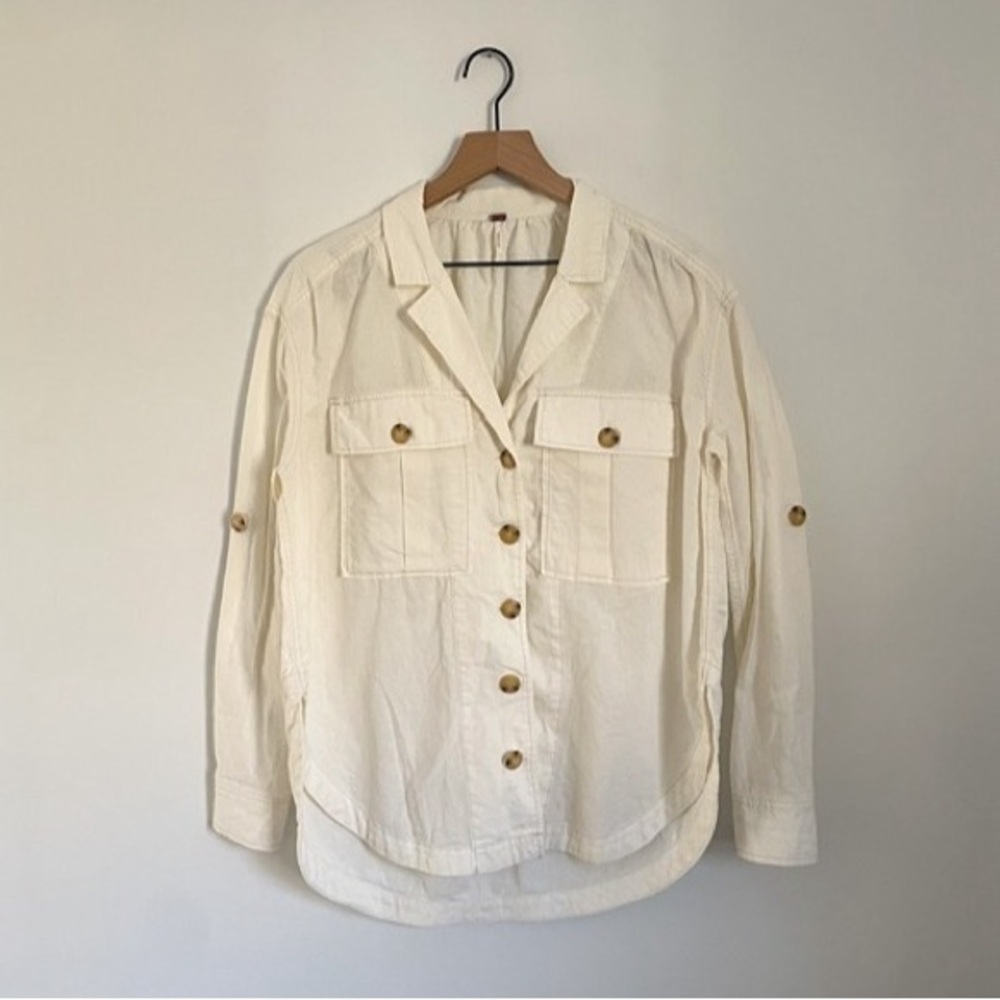 Free People Sunshine In My Pockets Linen Blend Ivory Shacket